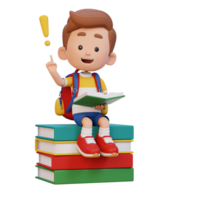 3D kid character get an idea when reading a book png