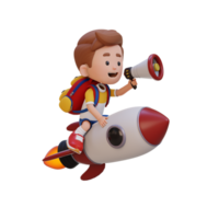 3D kid character riding a rocket and holding megaphone png