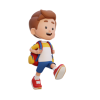 3D happy kid character walking go to school holding bag png