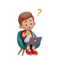 3D cute kid character confused on a laptop png