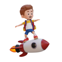 3D kid character standing riding a rocket png