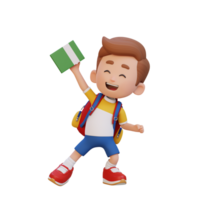 3D happy kid character holding book png