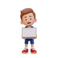 3D kid Character Holding and Presenting to a Laptop with Empty Screen png