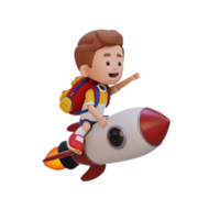 3D kid character riding a rocket and pointing hand png