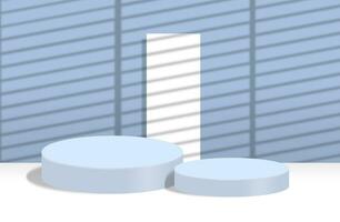 Two empty round pedestals on abstract white and blue background with blinds shadows photo