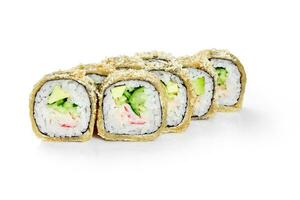 Deep-fried California sushi rolls with surimi crab, avocado and cucumbers photo