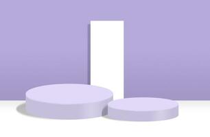 Cylindrical podiums on pastel purple background with white rectangle for displaying products photo