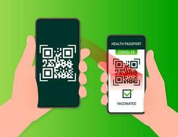 salud pasaporte qr código en lineal estilo en verde antecedentes. coronavirus vacunación. vacuna certificado tarjeta vector