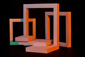 Showcase layout of coral three-step platform with square frames on black background photo