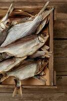 Salted air-dried roach in crate on wooden background photo