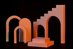 Product showcase podium with two-step coral square platform, arches, stairs on black photo