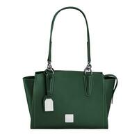 Practical dark green leather handbag with two handles isolated on white photo