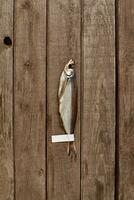 Air-dried sabrefish with label on tail on wooden background photo