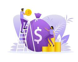 Flat illustration with investment management people coins. Flat vector illustration