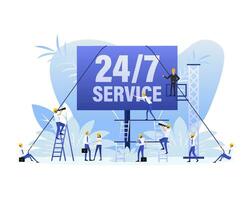 24 hour support in flat style on white background. Customer service. Online support call center. Flat people. vector