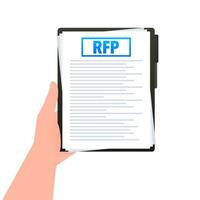 rfp - solicitud para propuesta documento, contrato en el mano vector
