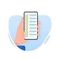 To do list on smartphone. Check list. Online survey. Vector illustration.