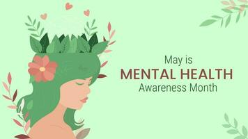 Banner for Mental Health Awareness Month in May. Girl with leaves on a light background vector