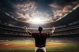 béisbol jugador en acción en el campo a puesta de sol. mezclado medios de comunicación, posterior ver de béisbol jugador lanzamiento el pelota en el profesional béisbol estadio, ai generado foto