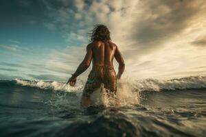 Sexy young man in a swimsuit splashing in the sea at sunset, rear view of man surfer running in the ocean with a surfboard, AI Generated photo