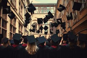 Group of graduates in mortarboards and gowns walking down the street, rear view of A group of graduates tips their graduation caps upwards, AI Generated photo