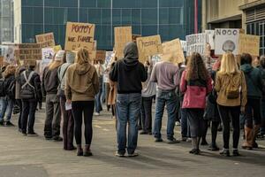 Striking school aged children in central London over climate change holding placards, Rear view of people with placards and posters, AI Generated photo