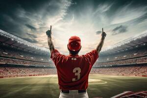 béisbol jugador en rojo uniforme en pie con brazos elevado en contra rugby estadio, posterior ver de béisbol jugador lanzamiento el pelota en el profesional béisbol estadio, ai generado foto