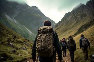 Trekking in the highlands of the Caucasus mountains in Georgia, rear view of mountain guide leading a group of hikers, AI Generated photo