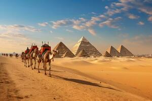 Camels and pyramids in Giza desert, Cairo, Egypt, pyramids giza cairo in egypt with camel caravane panoramic scenic view, AI Generated photo