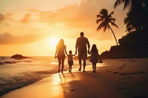 happy family with two kids walking on beach at beautiful tropical sunset background, rear view of A happy family in walks hand in hand down a paradise beach during sunset, AI Generated photo