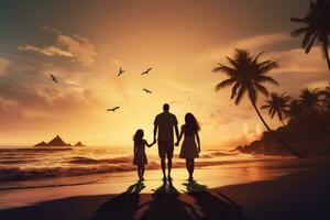 silueta de un familia en el playa a puesta de sol. concepto de contento familia, posterior ver de un contento familia en camina mano en mano abajo un paraíso playa durante atardecer, ai generado foto