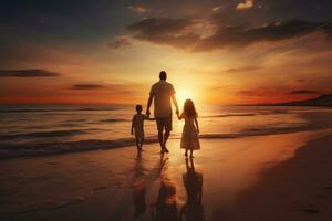 happy young family with two kids walking on beach at beautiful summer sunset, rear view of A happy family in walks hand in hand down a paradise beach during sunset, AI Generated photo