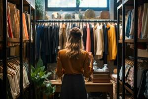 back view of young woman choosing clothes in clothing store on blurred foreground, rear view of a personal shopper selecting clothing for a client, AI Generated photo