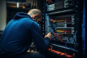 técnico reparando servidor en centro de datos servidor habitación. red infraestructura, posterior ver de un eso ingeniero de cerca Disparo de fijación un servidor problema, ai generado foto