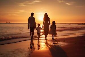 Silhouette of happy family holding hands and walking on beach at sunset, rear view of A happy family in walks hand in hand down a paradise beach during sunset, AI Generated photo