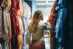 lado ver de joven mujer elegir ropa en ropa almacenar, compras concepto, posterior ver de un personal comprador seleccionando ropa para un cliente, ai generado foto