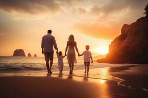 Happy family with two kids walking on the beach at sunset. Concept of friendly family, rear view of A happy family in walks hand in hand down a paradise beach during sunset, AI Generated photo