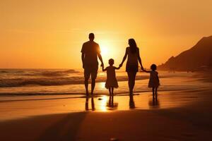 Father and children walking on the beach at sunset. Concept of friendly family, rear view of A happy family in walks hand in hand down a paradise beach during sunset, AI Generated photo