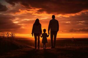 silueta de un familia con un niño en naturaleza a atardecer, posterior ver de un contento familia a atardecer, ai generado foto