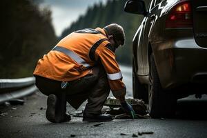 profesional auto mecánico reparando un roto coche en un la carretera en el montañas, posterior ver autopista patrulla trabajador comprobación el coche en un accidente, ai generado foto