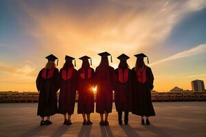 silueta de grupo de graduados en graduación vestido con puesta de sol cielo fondo, posterior perspectiva de un grupo de Universidad graduados, su siluetas distinto en contra el fondo, ai generado foto