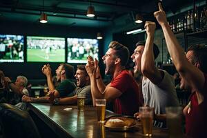 grupo de amigos acecho un fútbol americano partido en un pub, Bebiendo cerveza y aplausos, posterior ver amigos acecho juego en Deportes bar en pantallas celebrando, ai generado foto