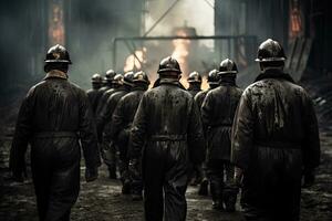 Firefighters fighting a burning building in the smoke and flames. Selective focus, rear view of a Group of mine workers wearing helmets, AI Generated photo