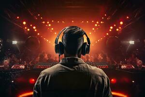 Back view of a disc jockey with headphones in front of the stage lights, rear view DJ with headphones at a nightclub party, AI Generated photo