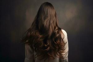 Young woman with long curly hair on dark background. Back view, rear view of a Beautiful young woman with long hair. back view of a girl with flying hair, AI Generated photo