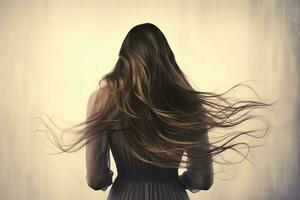 Young woman with long hair in front of a grunge wall background, rear view of a Beautiful young woman with long hair. back view of a girl with flying hair, AI Generated photo