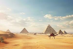 el pirámides de giza en El Cairo, Egipto. viaje fondo, pirámides giza El Cairo en Egipto con camello caravana panorámico escénico vista, ai generado foto
