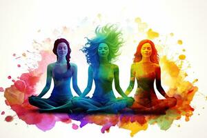 siluetas de mujer meditando en loto actitud con vistoso acuarela salpicaduras, arco iris silueta de contento yoga chicas. contemporáneo Arte collage de joven niña meditando, ai generado foto