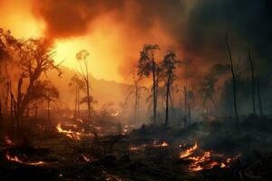 bosque fuego, ardiente seco césped y arbustos en un bosque durante atardecer, lluvia bosque fuego desastre es incendio, ai generado foto