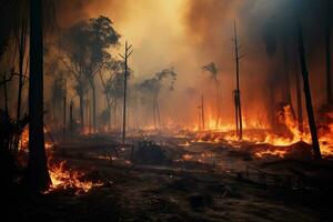 Forest fire burning in rural area of Thailand, burning trees and grass, Rain forest fire disaster is burning, AI Generated photo